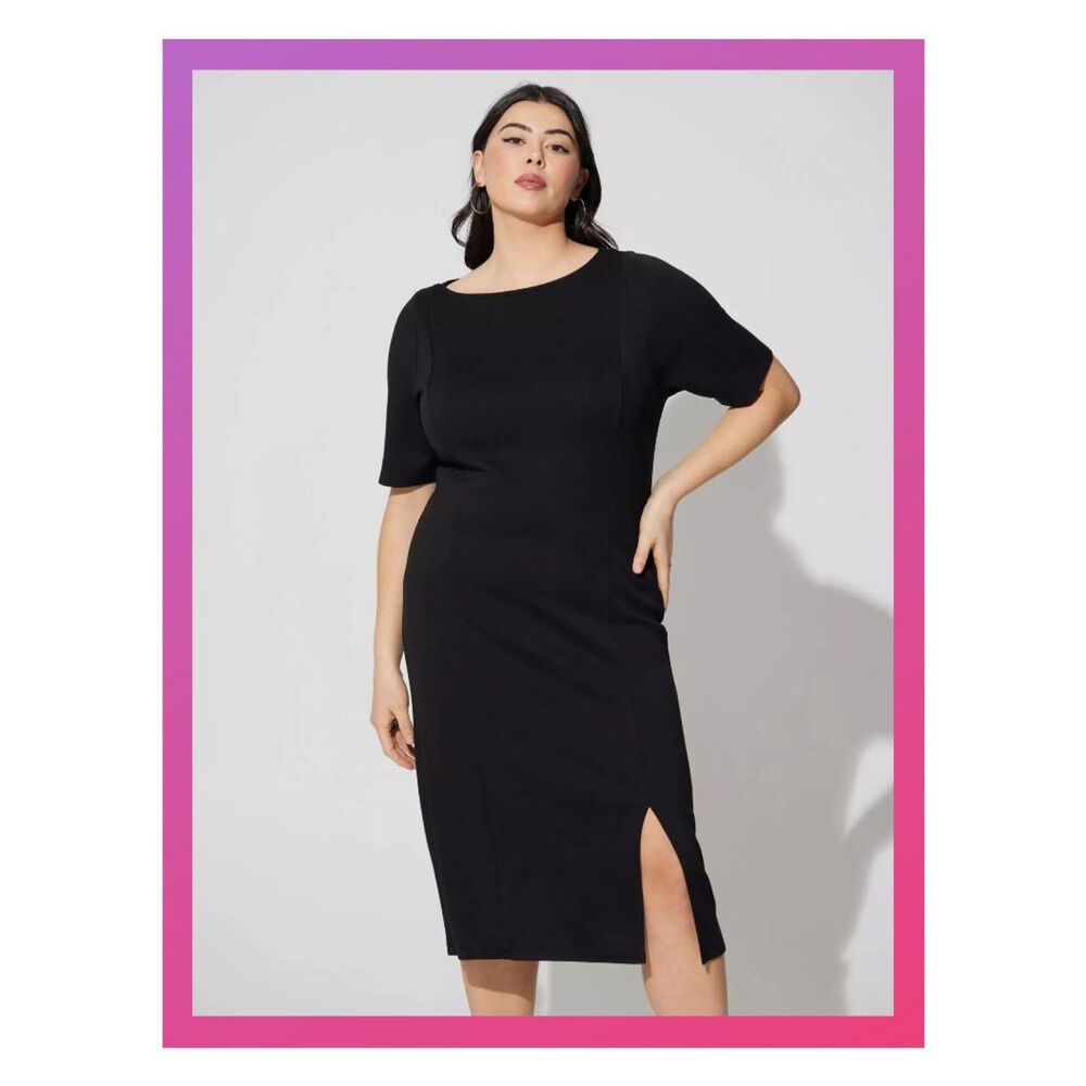 NWT Torrid 4X Deep Black Midi Studio Cupro Elbow Sleeve Bodycon Dress Size 26